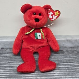 Ty Beanie Baby, Osito the Bear, 1999, USA Exclusive Mexican Flag, Red Bear Plush